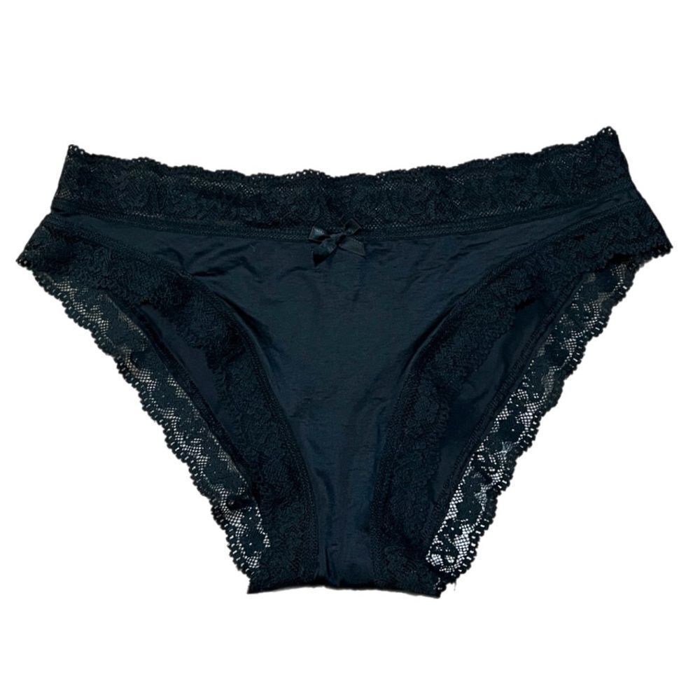 Victoria’s Secret Supersoft Satiny Lace trim Bikini panty Black Small